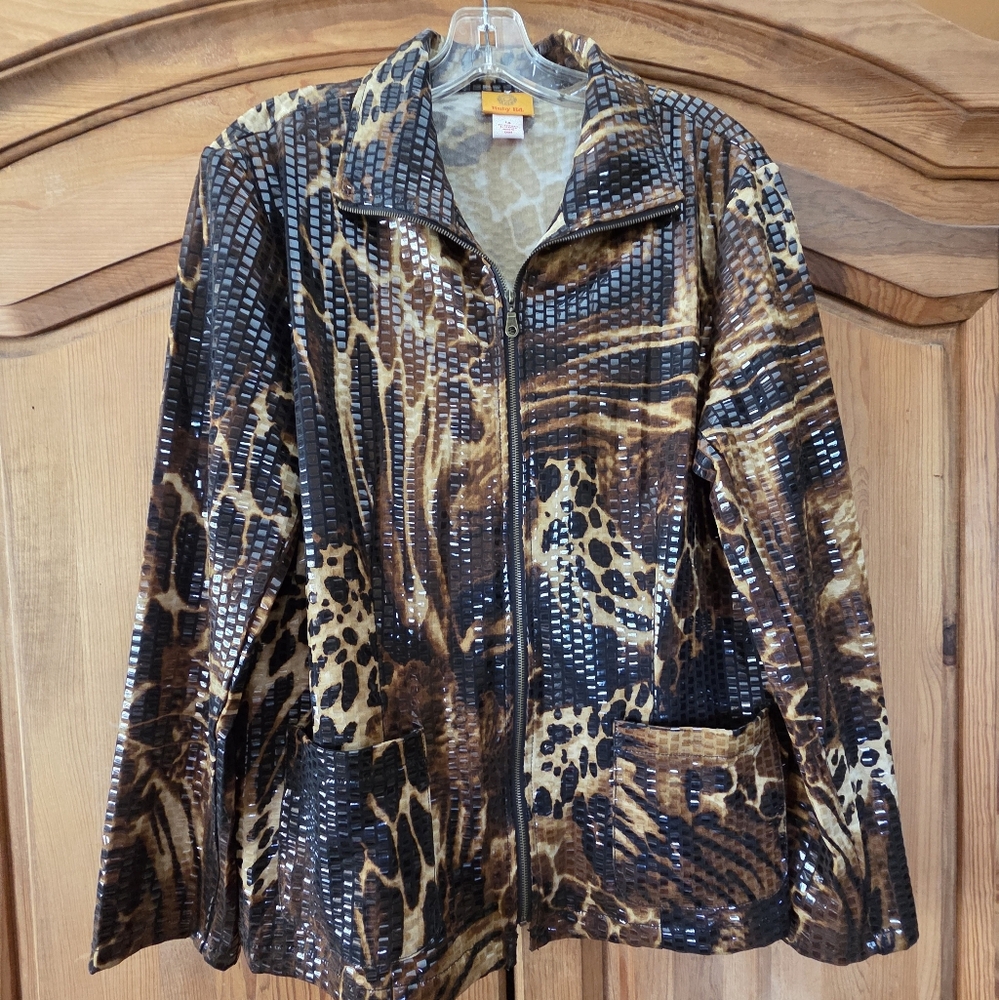 Cheetah Animal Print Zip Front Jacket Womens Sz 14 WILD AT HEART Shiny Ruby Rd